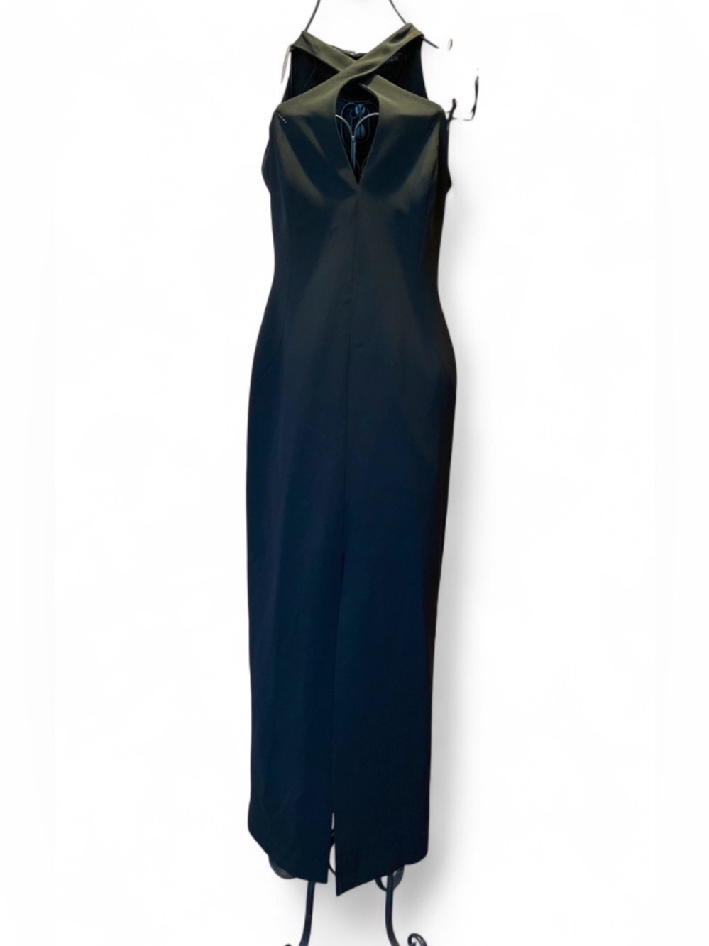 Tahari black halter cross chest maxi evening gown cocktail dress size 8
